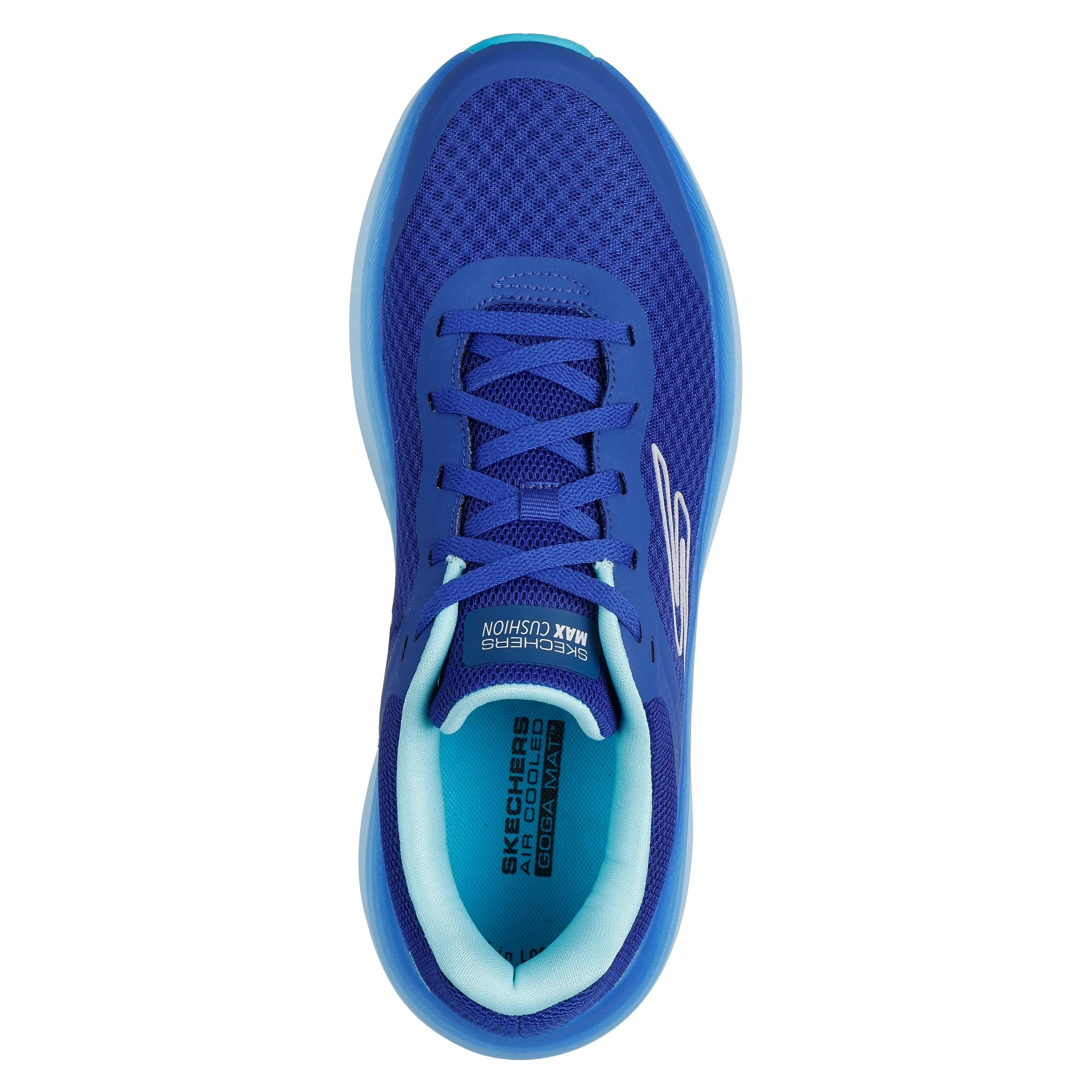 Tênis masculino Skechers Max Cushioning azul visto de cima mostrando cabedal em mesh e fechamento por cadarço